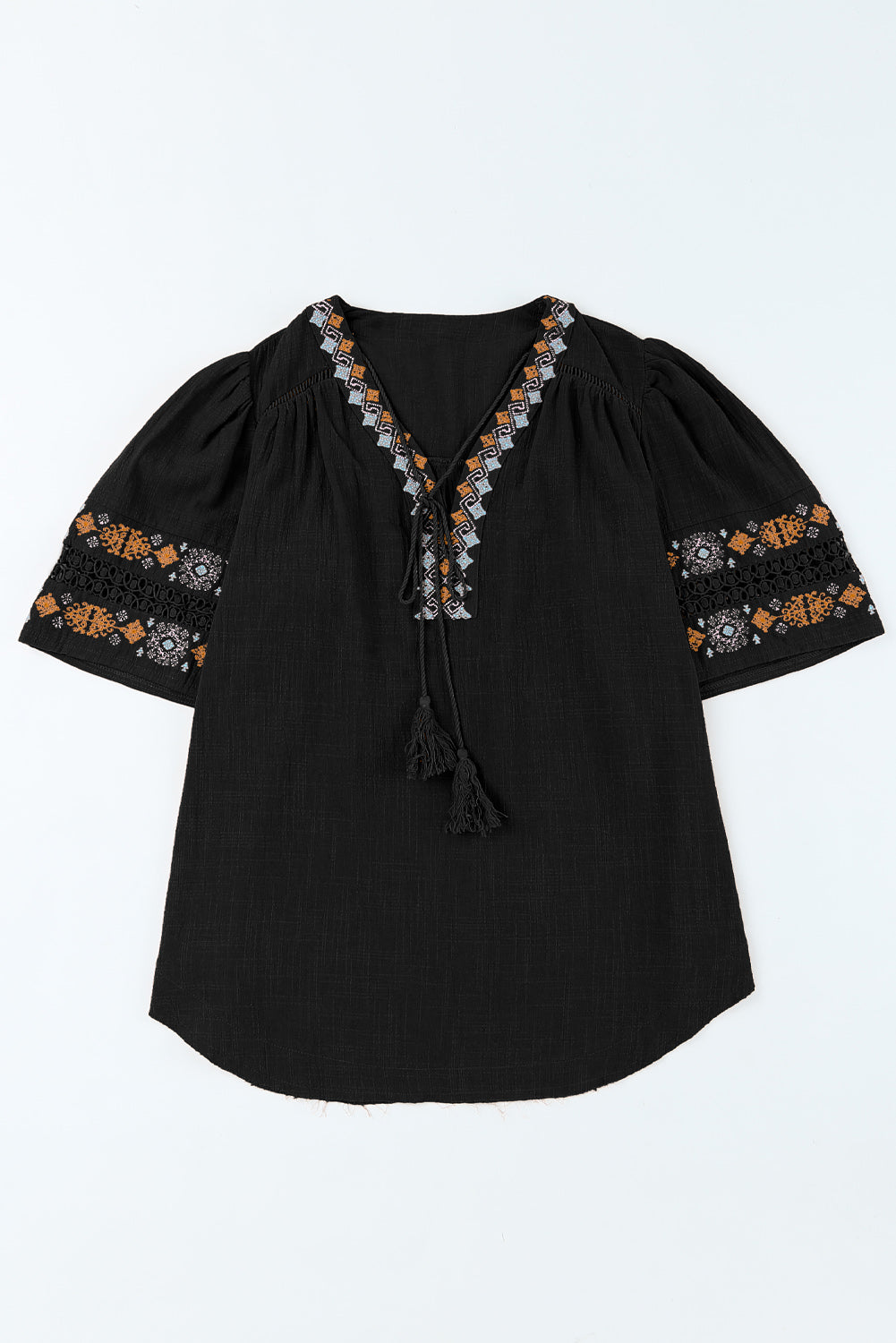 Bohemian Tassel Half Puff Sleeve Top