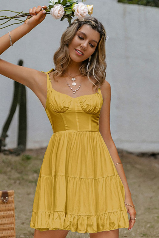 Tie Shoulder Tiered Sweetheart Neck Dress