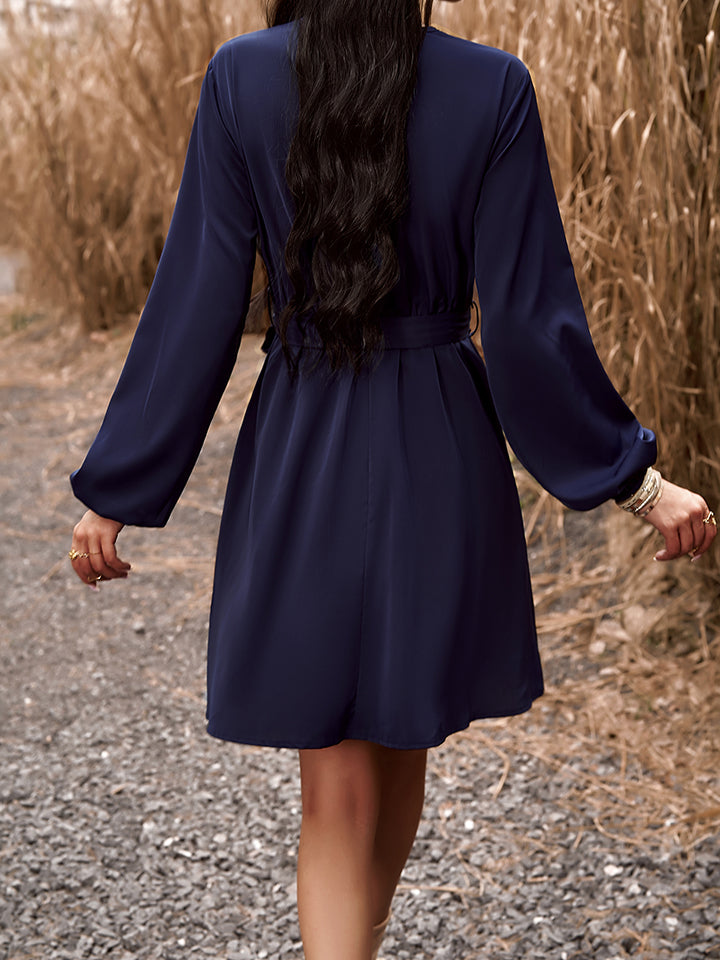 Long Sleeve Tie Waist V-Neck Mini Dress