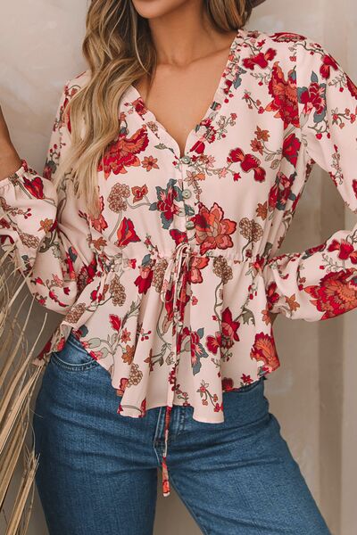 Floral V-Neck Drawstring Peplum Blouse