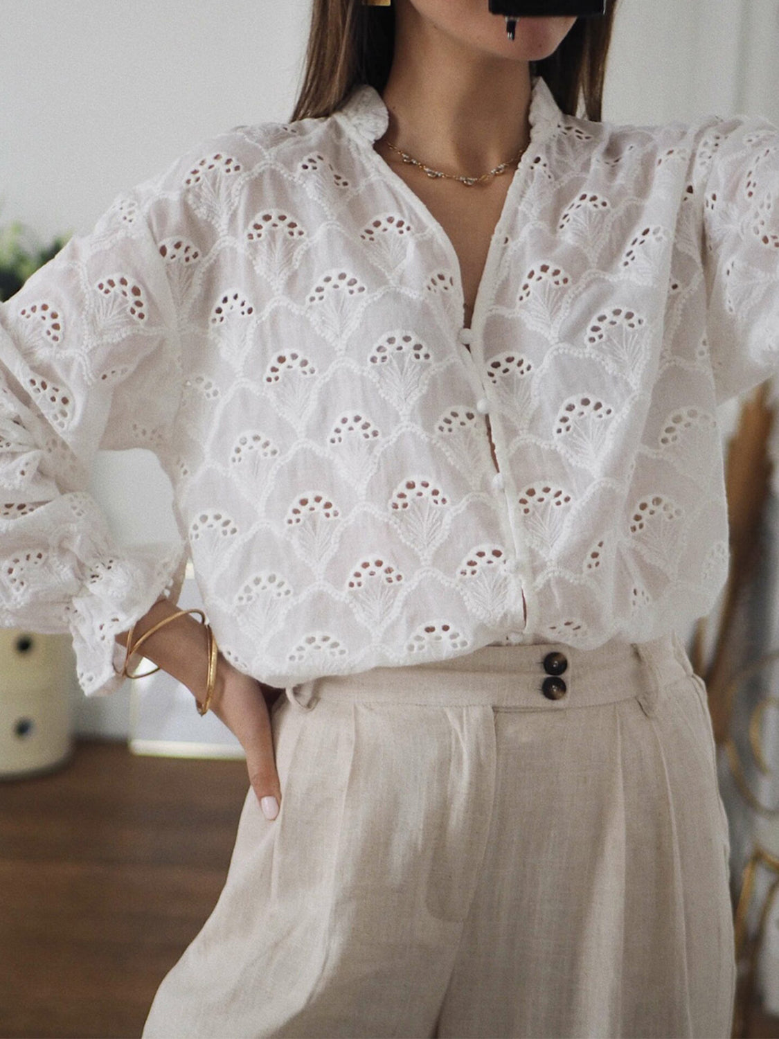 Eyelet Notched Neck Flounce Sleeve Blouse