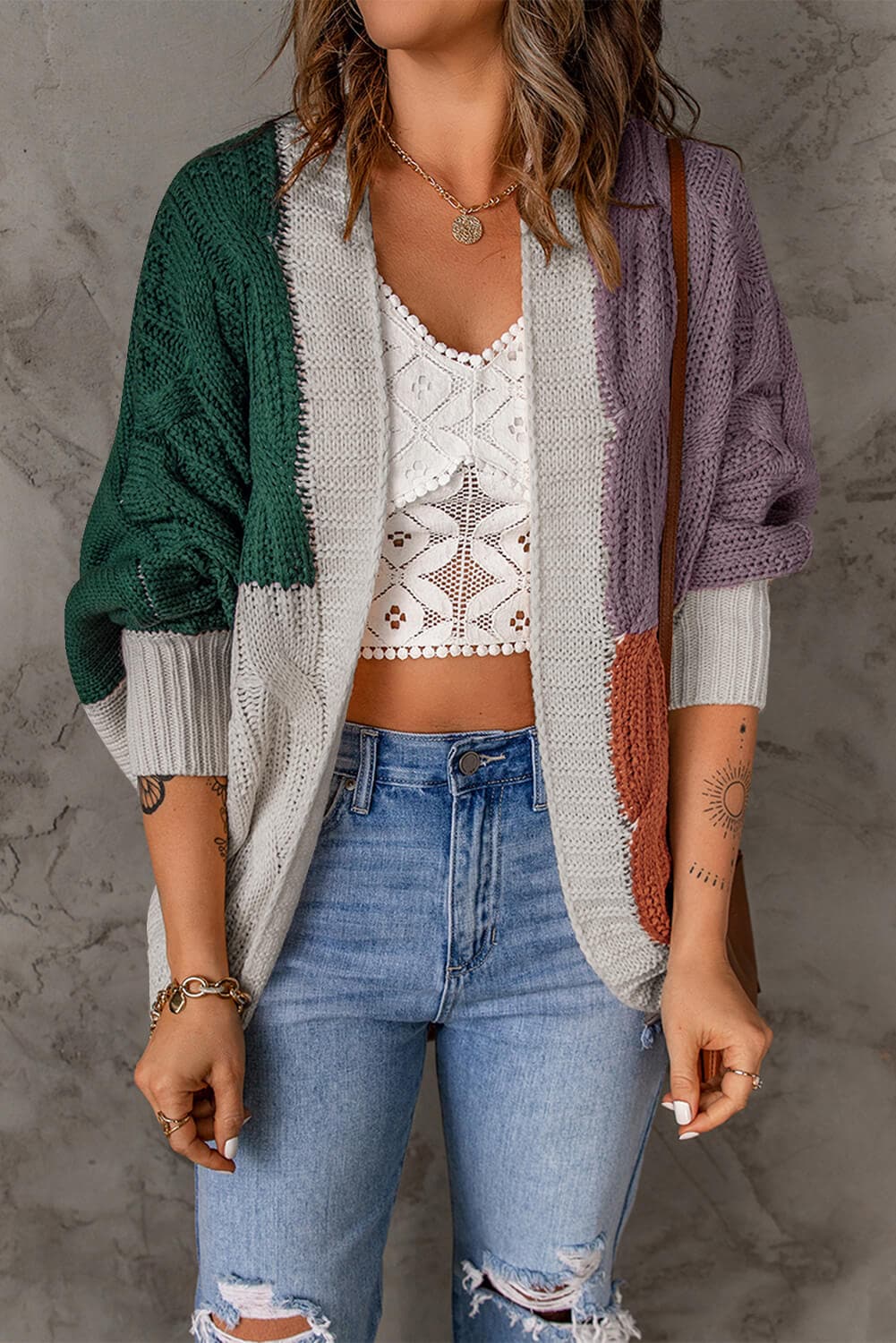 Color Block Cable Knit Batwing Sleeve Cardigan Love Culture