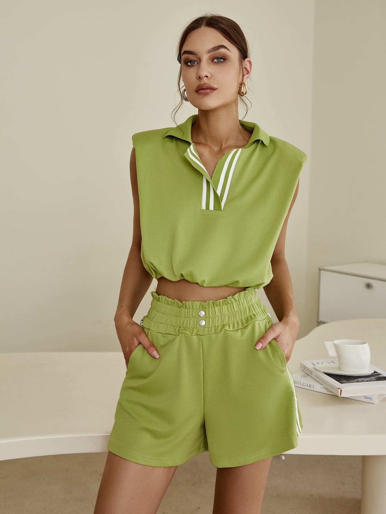 Striped Padded Shoulder Cropped Top and Paperbag Waist Shorts Set