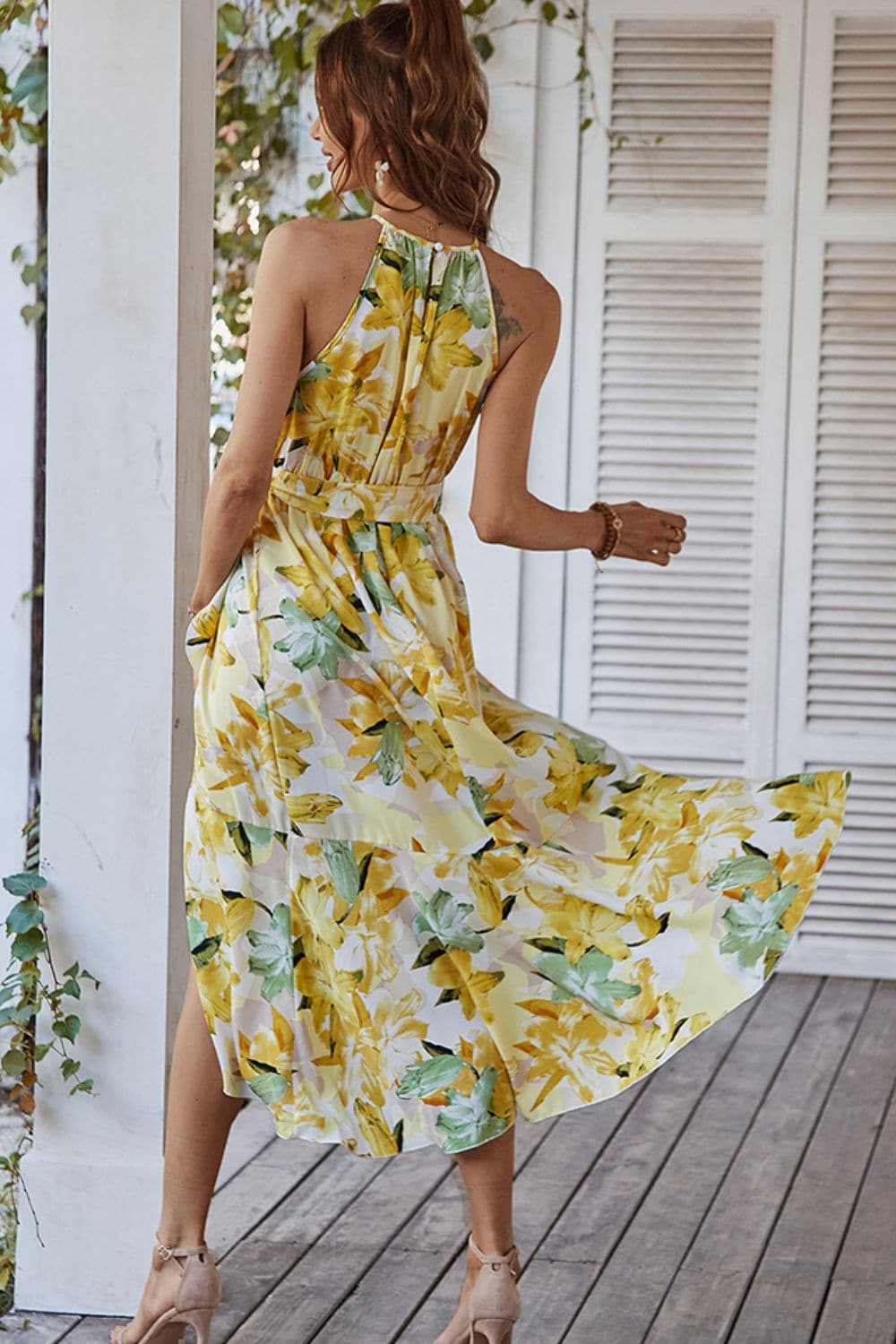 Floral Tie Belt Sleeveless Dress