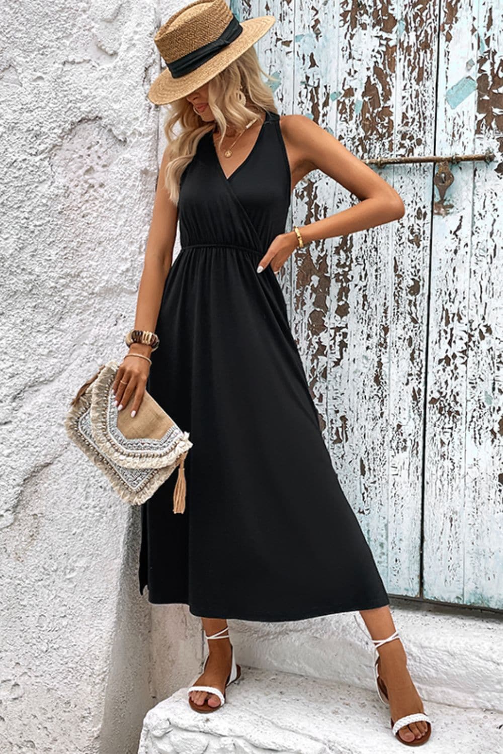 Surplice Neck Slit Sleeveless Dress