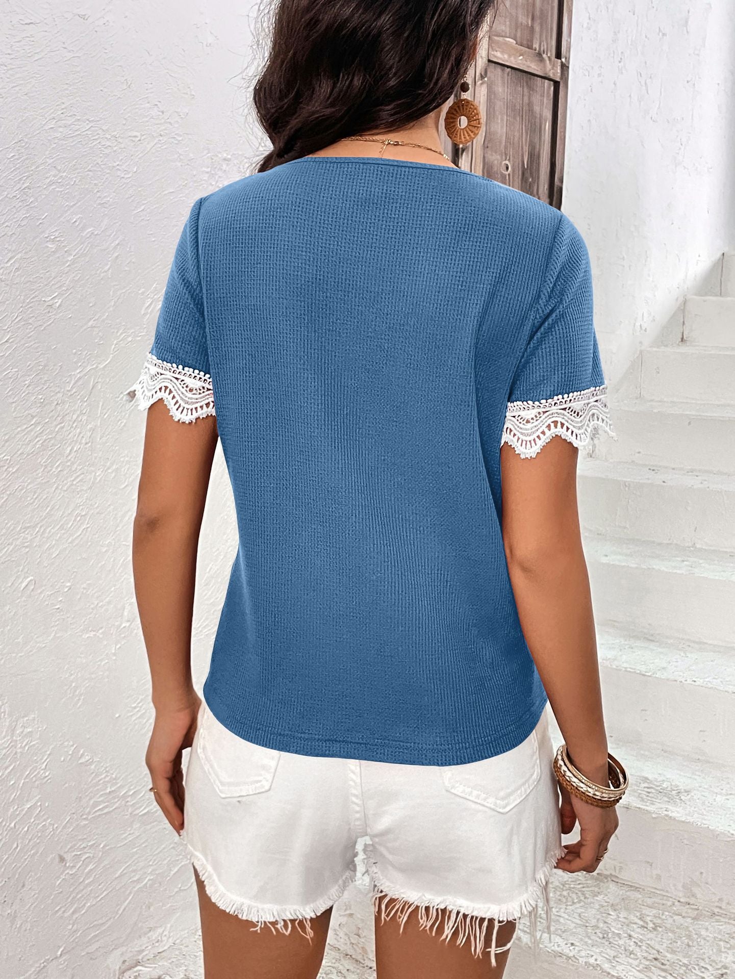 Decorative Button Spliced Lace Short Sleeve Top