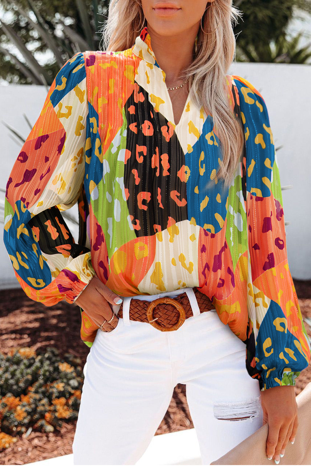 Printed Notched Long Sleeve Blouse