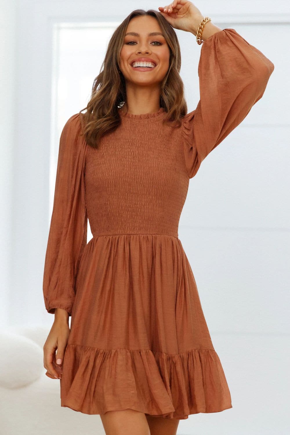 Smocked Balloon Sleeve Ruffle Hem Dress