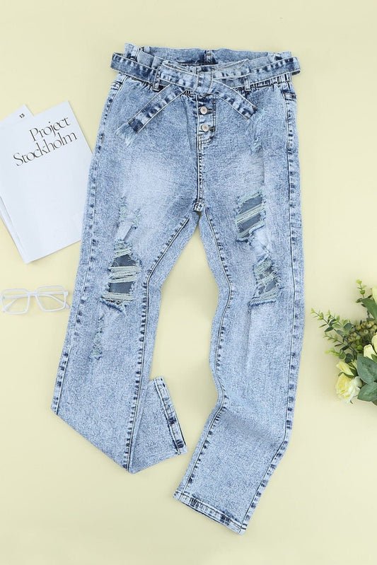 Acid Wash Belted Button Fly Distressed Jeans - Love culture store