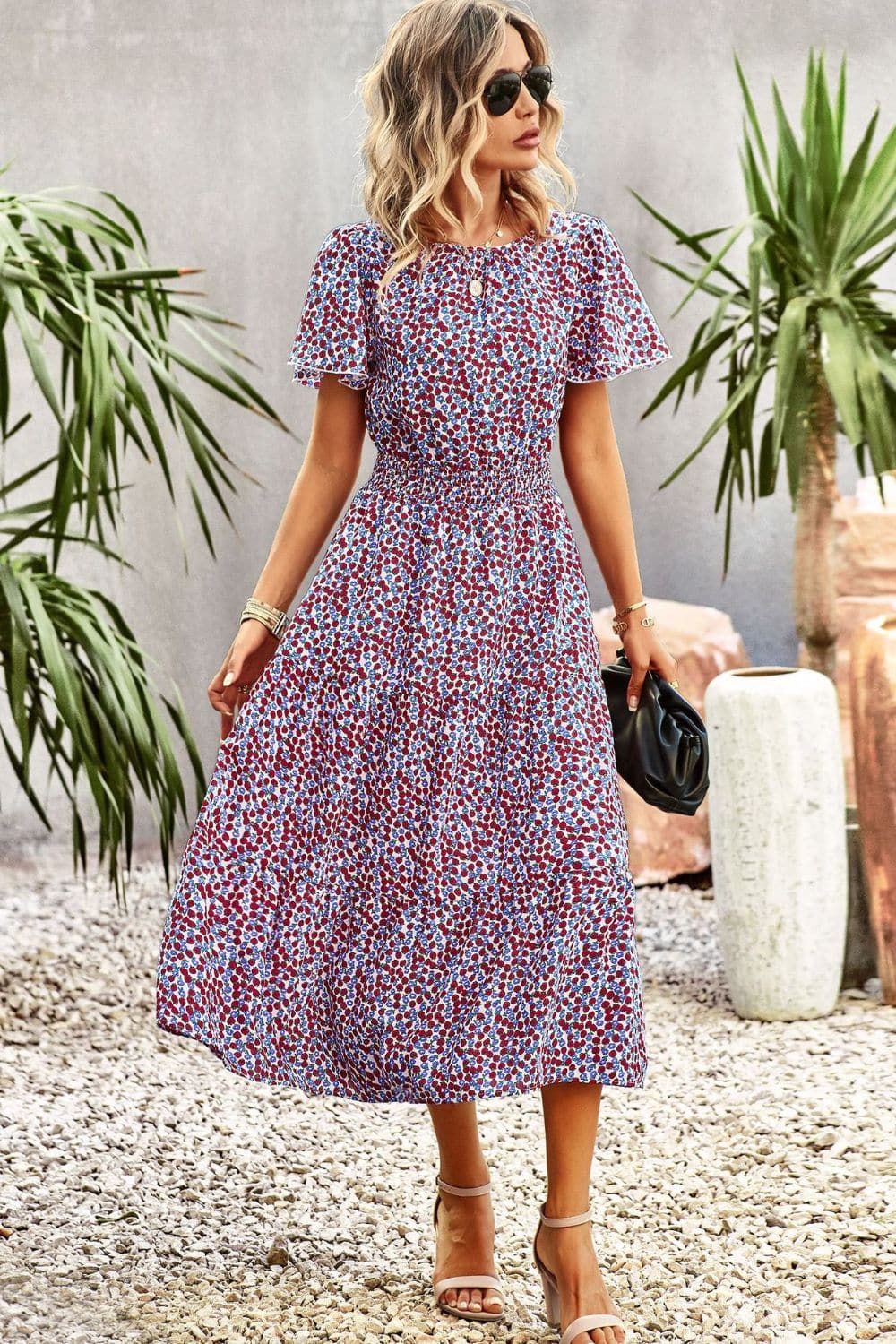 Floral Puff Sleeve Tiered Midi Dress