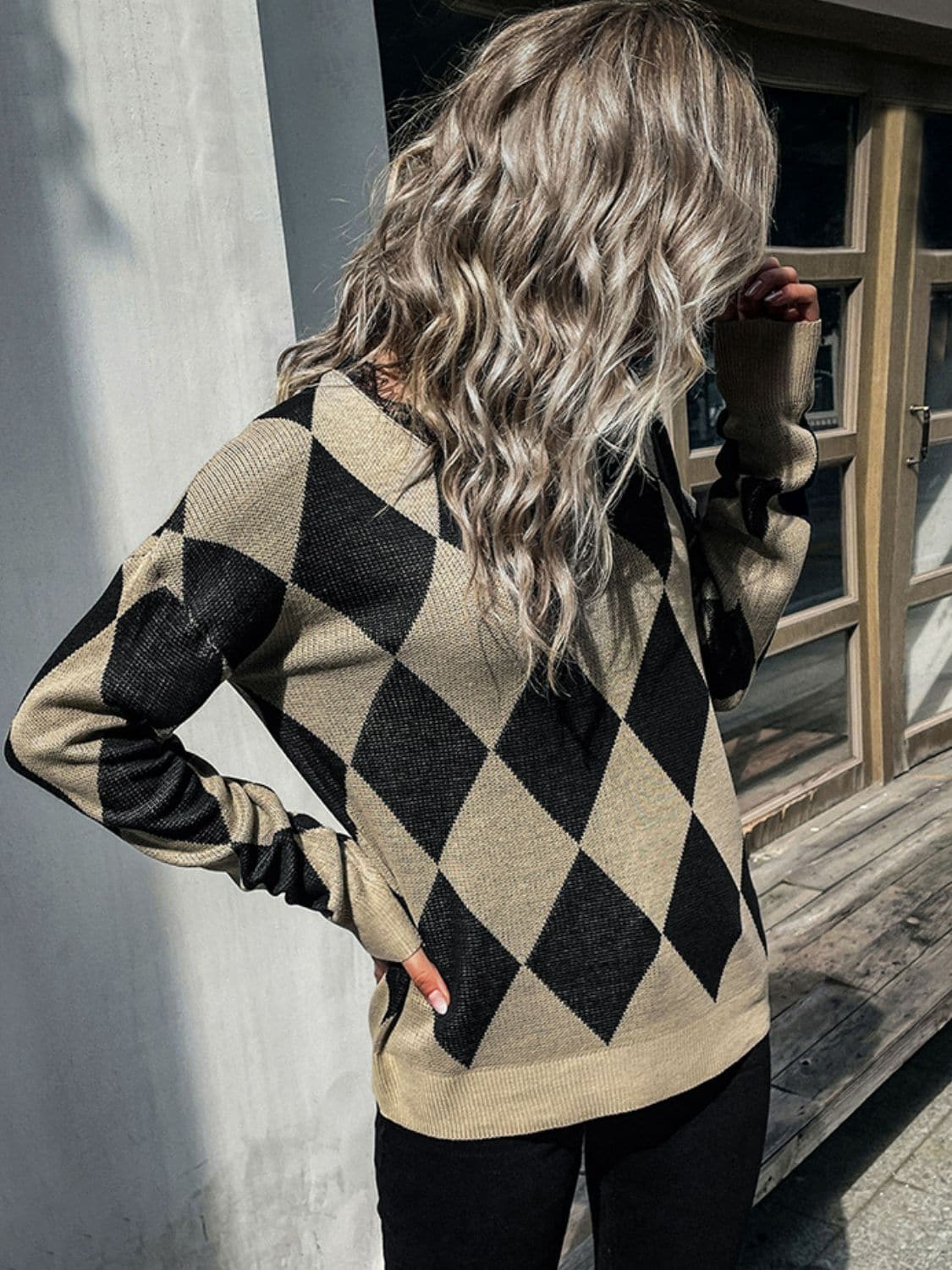 Argyle Eyelash Lace Trim Dropped Shoulder Sweater - Love culture store