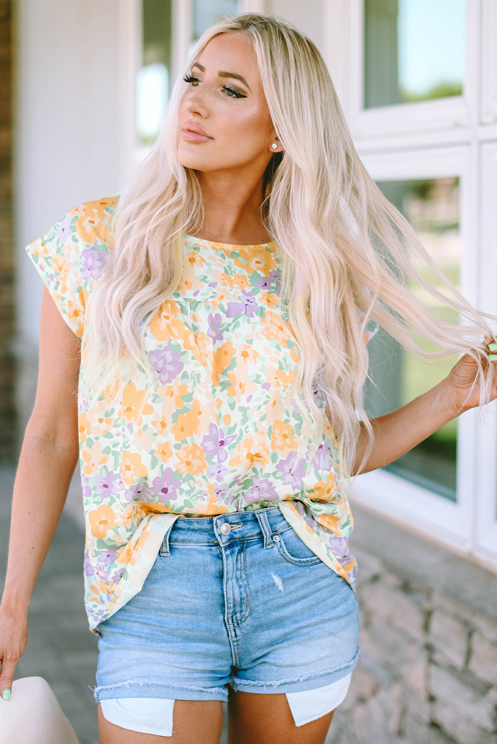 Printed Round Neck Cap Sleeve Blouse