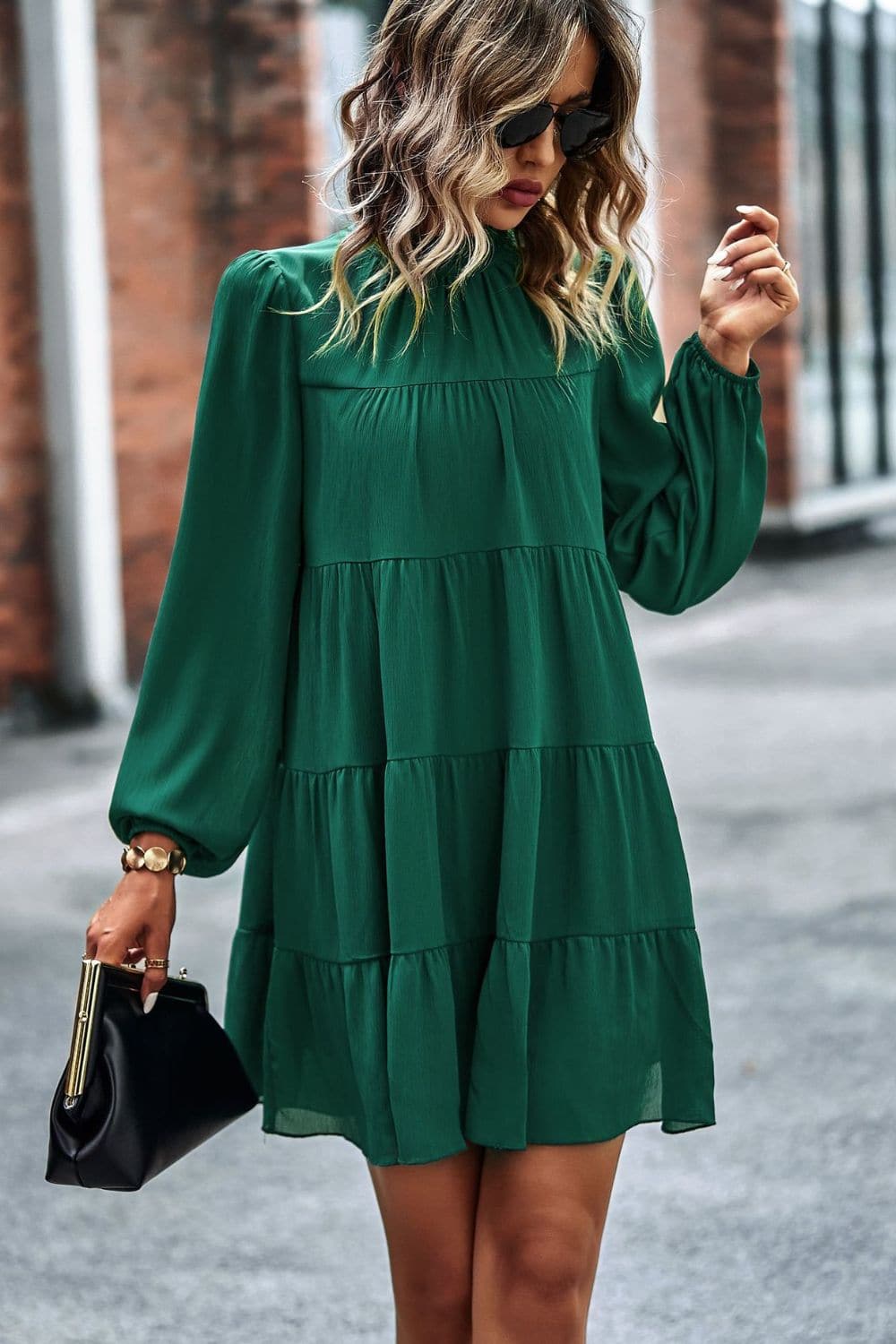 Tied Ruffle Collar Puff Sleeve Mini Dress