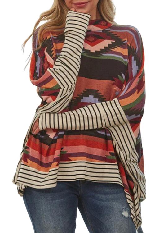 Geometric Striped Splicing Round Neck Blouse