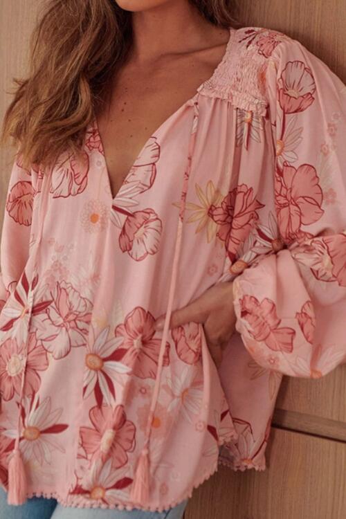 Floral Smocked Tassel Tie Balloon Sleeve Blouse