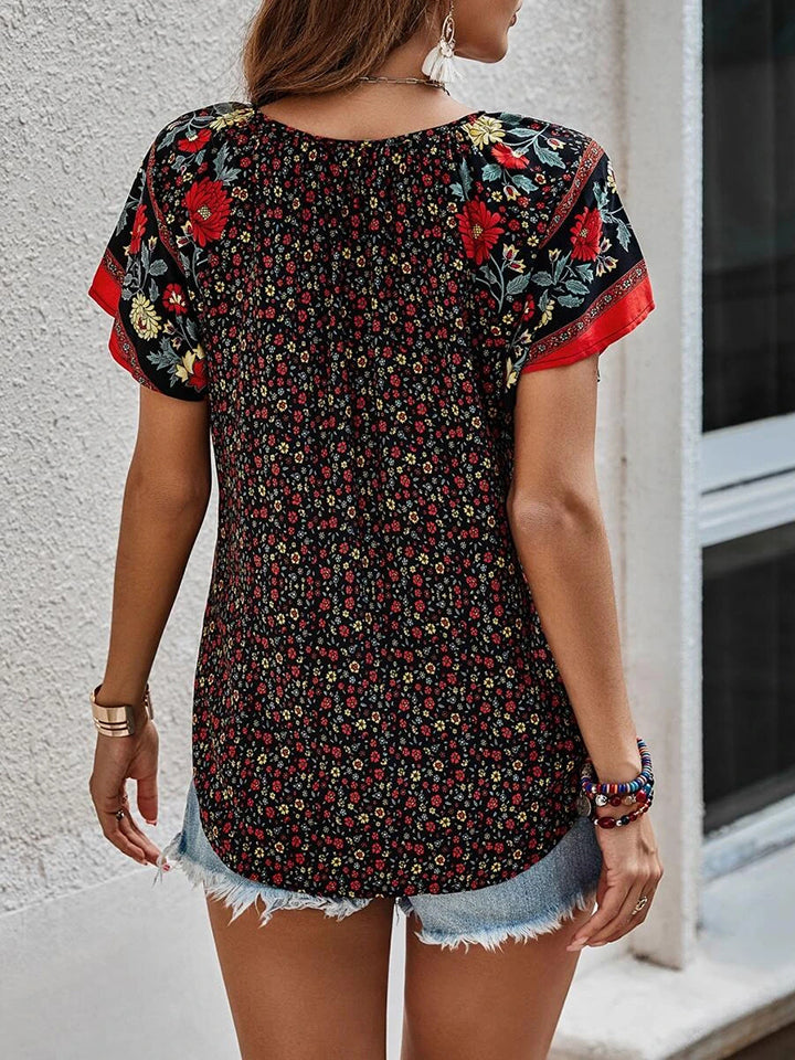 Printed Short Sleeve Tie Neck Blouse