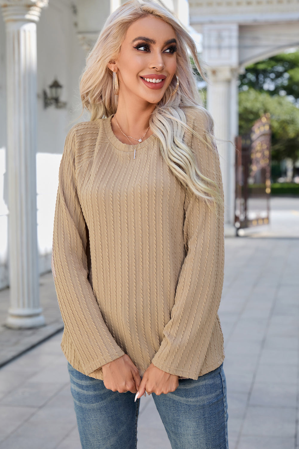 Round Neck Raglan Sleeve Ribbed Blouse