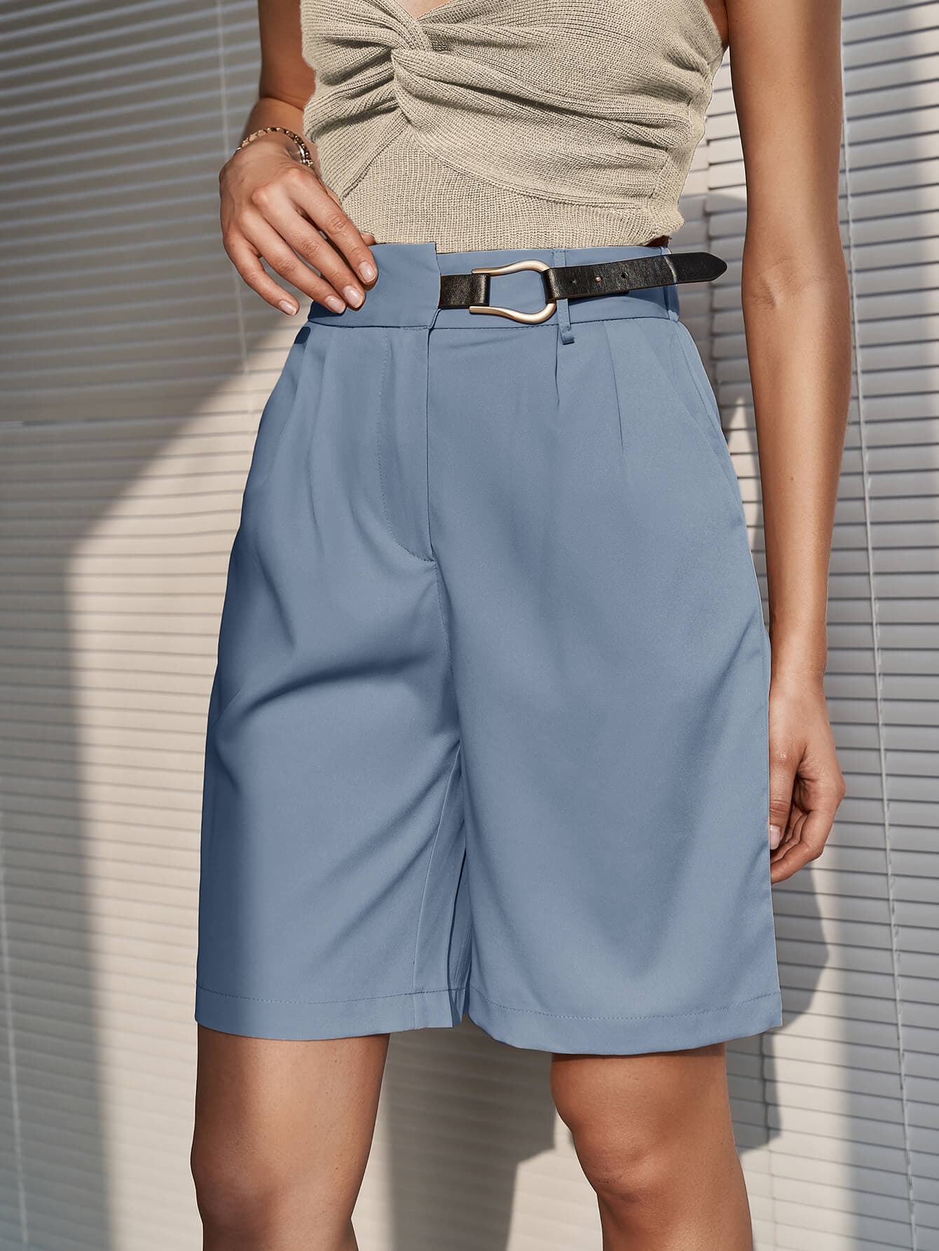 Belted Detail Bermuda Shorts with Pockets - Love culture store