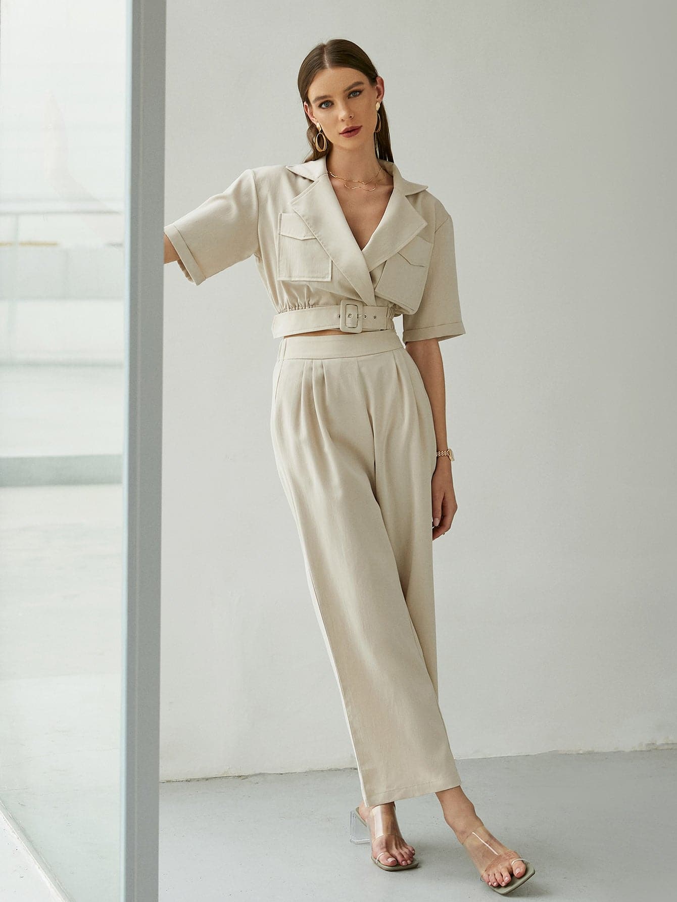 Belted Detail Cropped Blazer and Pants Set - Love culture store