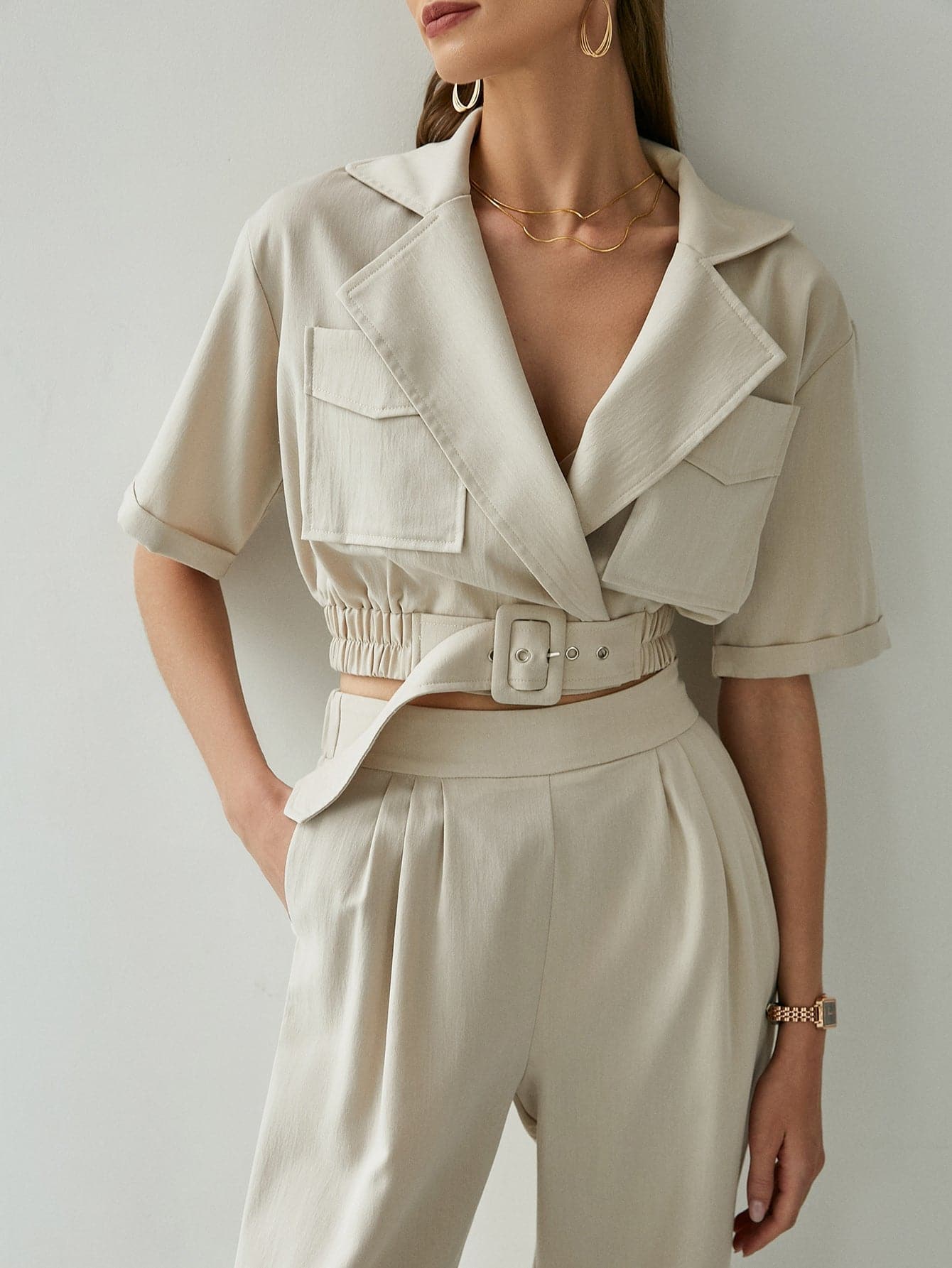 Belted Detail Cropped Blazer and Pants Set - Love culture store