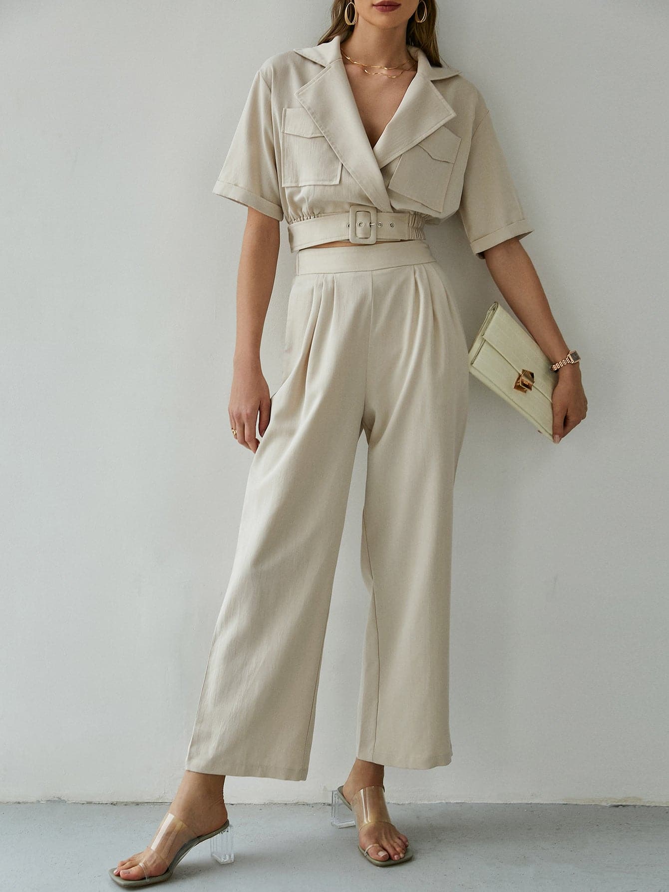 Belted Detail Cropped Blazer and Pants Set - Love culture store