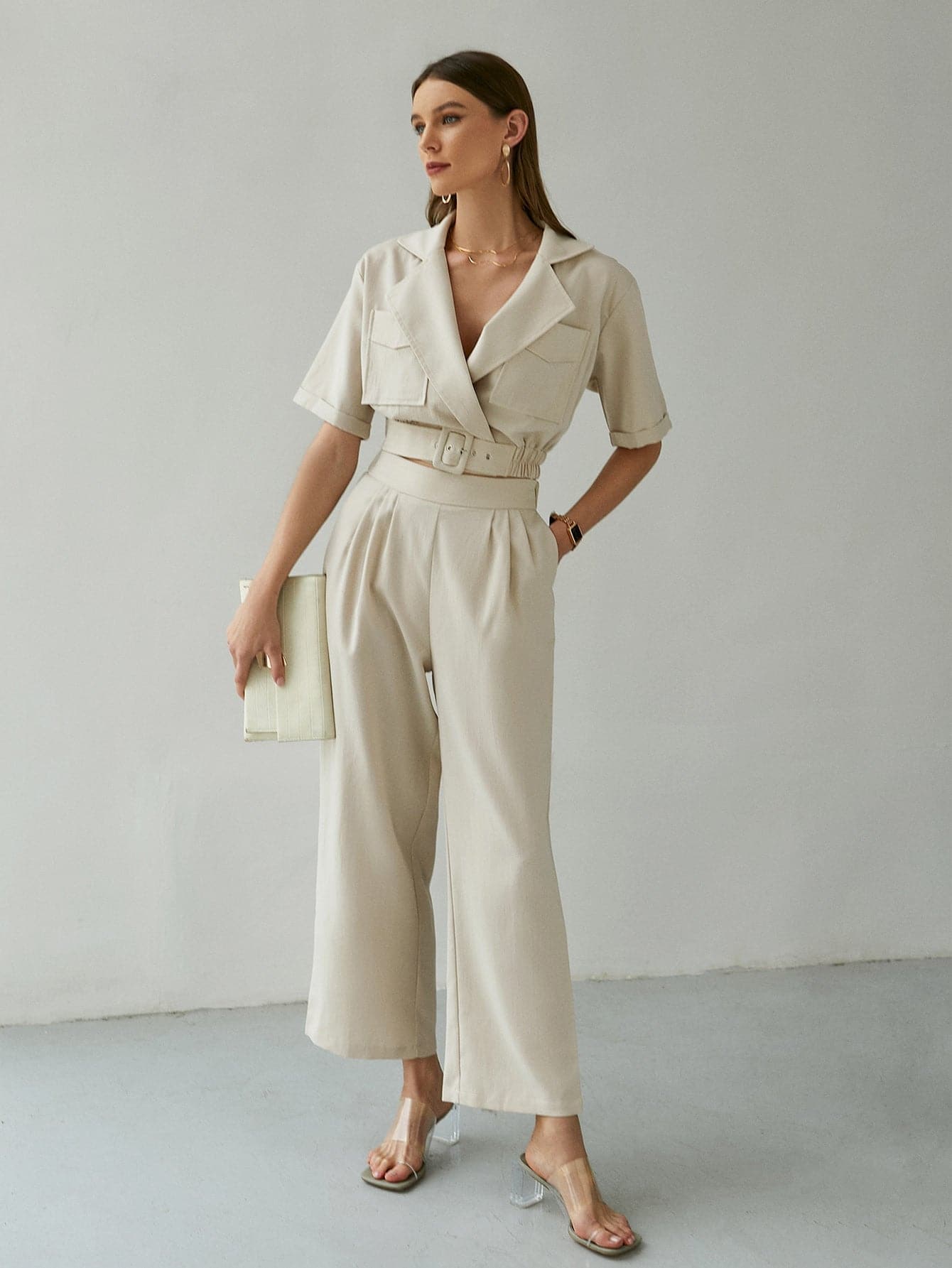 Belted Detail Cropped Blazer and Pants Set - Love culture store