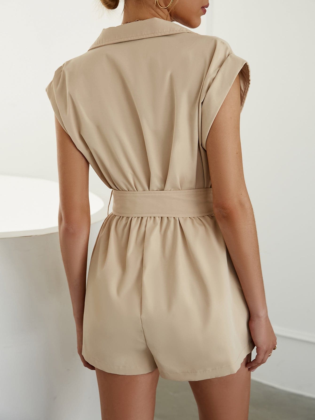 Belted Lapel Collar Romper with Pockets - Love culture store