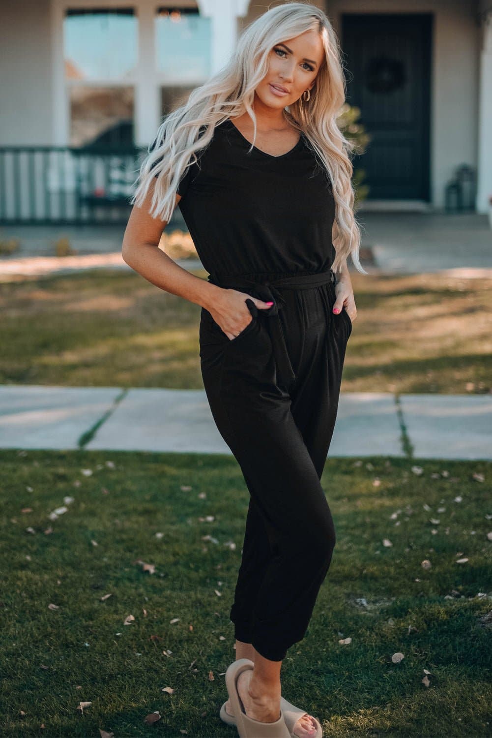 Belted V-Neck Jogger Jumpsuit - Love culture store