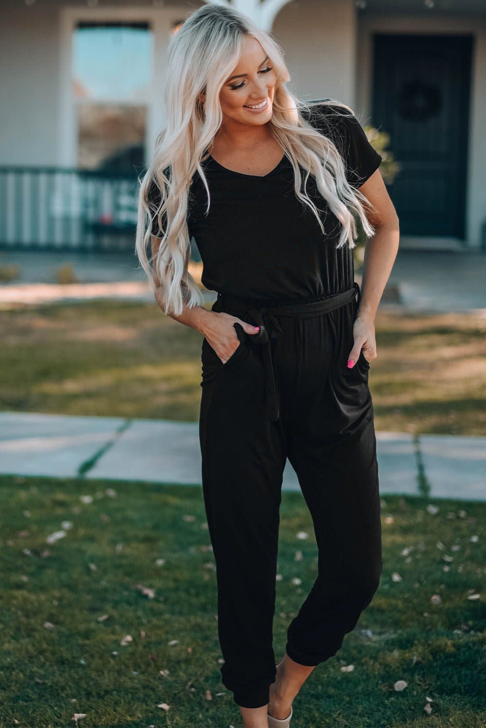 Belted V-Neck Jogger Jumpsuit - Love culture store