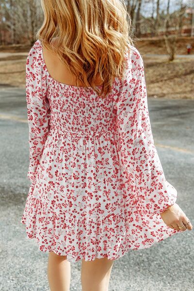 Smocked Floral Square Neck Balloon Sleeve Dress