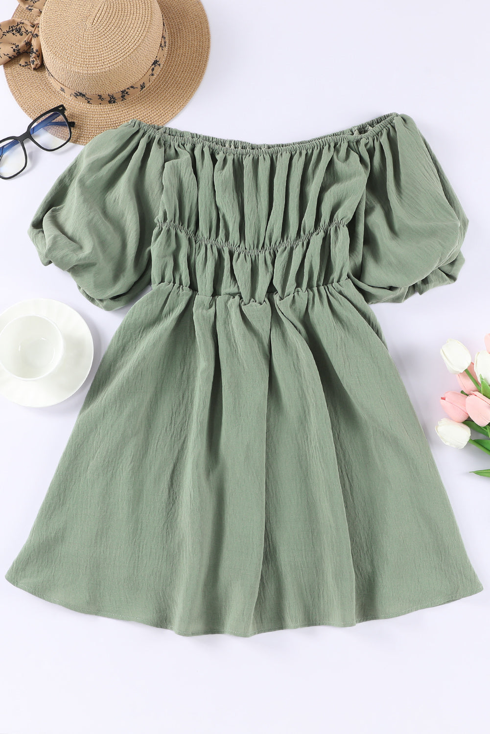 Off-Shoulder Balloon Sleeve Mini Dress