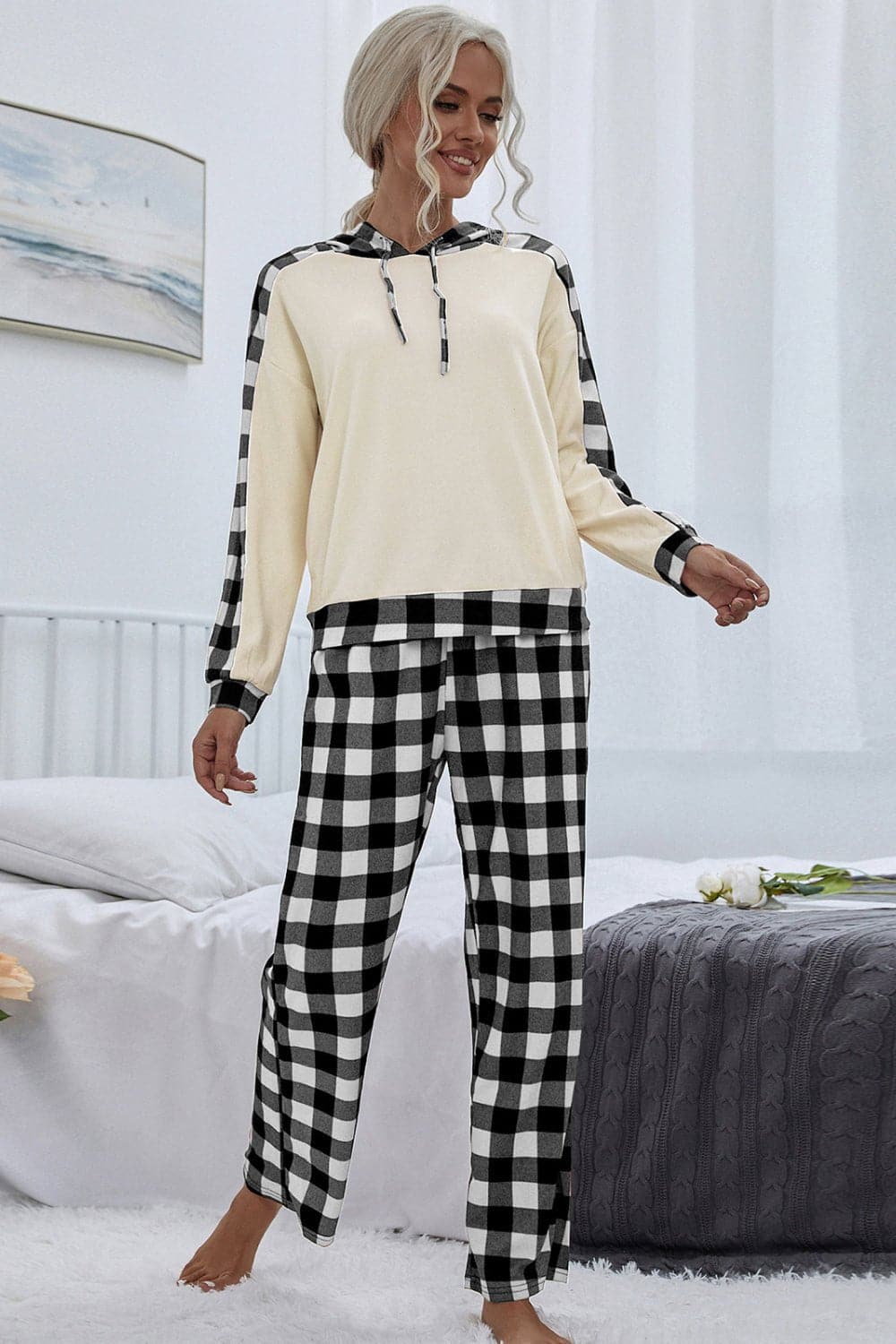 Buffalo Plaid Drawstring Hoodie and Pants Set - Love culture store