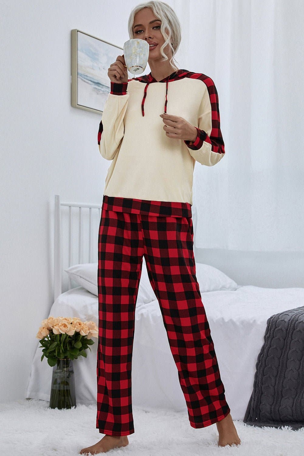 Buffalo Plaid Drawstring Hoodie and Pants Set - Love culture store