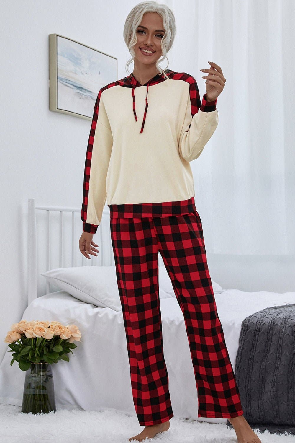 Buffalo Plaid Drawstring Hoodie and Pants Set - Love culture store