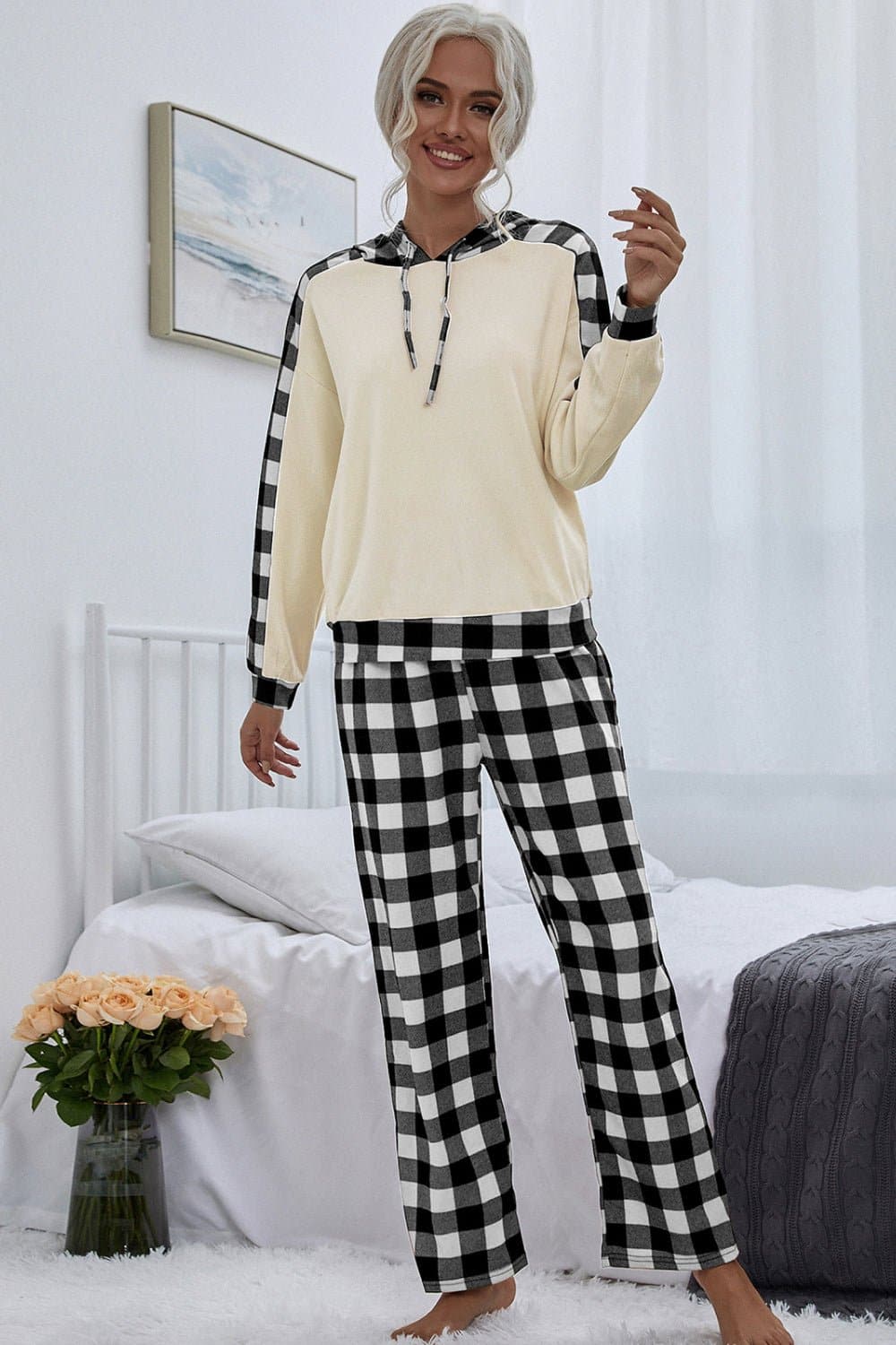 Buffalo Plaid Drawstring Hoodie and Pants Set - Love culture store