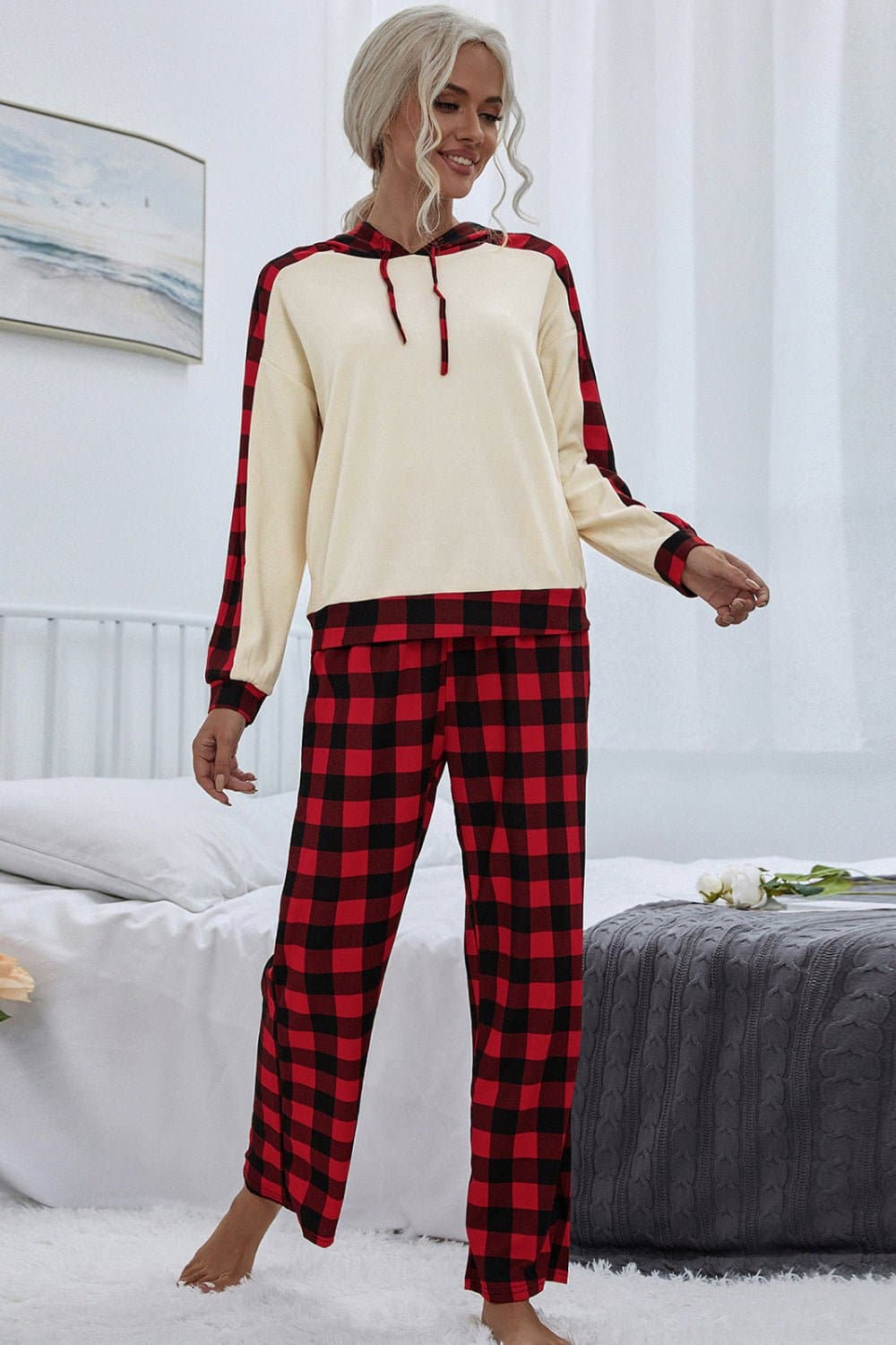 Buffalo Plaid Drawstring Hoodie and Pants Set - Love culture store