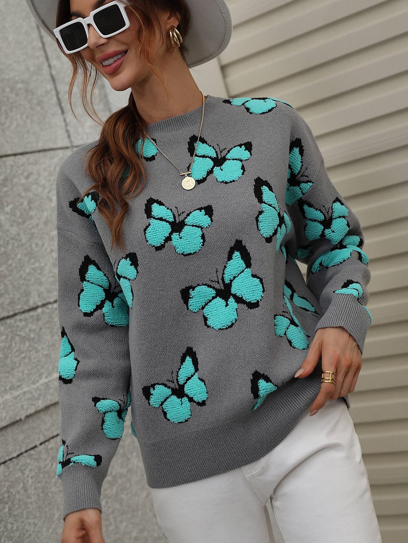 Butterfly Dropped Shoulder Crewneck Sweater - Love culture store