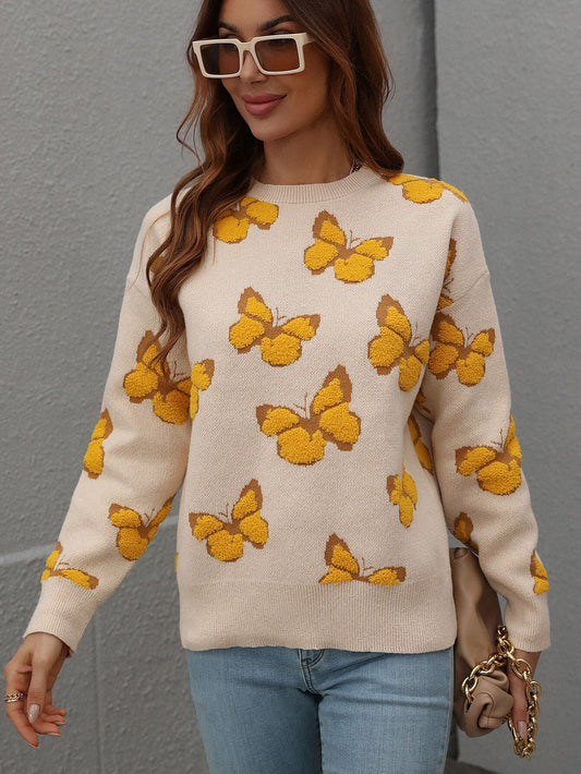 Butterfly Dropped Shoulder Crewneck Sweater - Love culture store