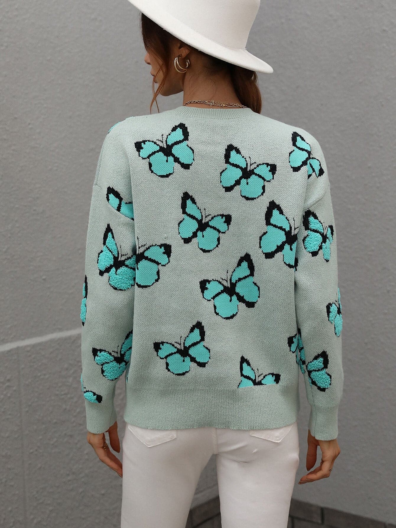 Butterfly Dropped Shoulder Crewneck Sweater - Love culture store