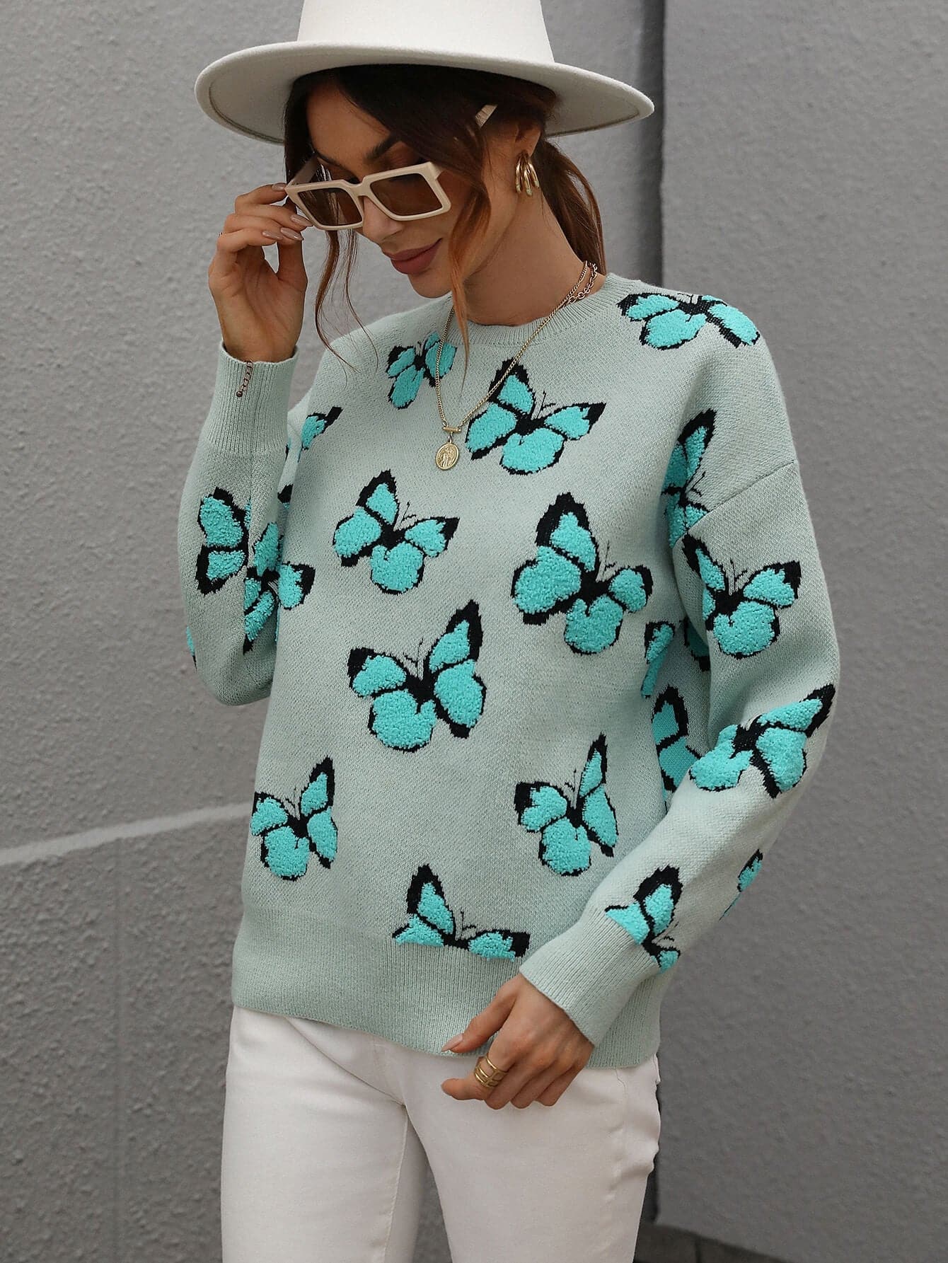 Butterfly Dropped Shoulder Crewneck Sweater - Love culture store