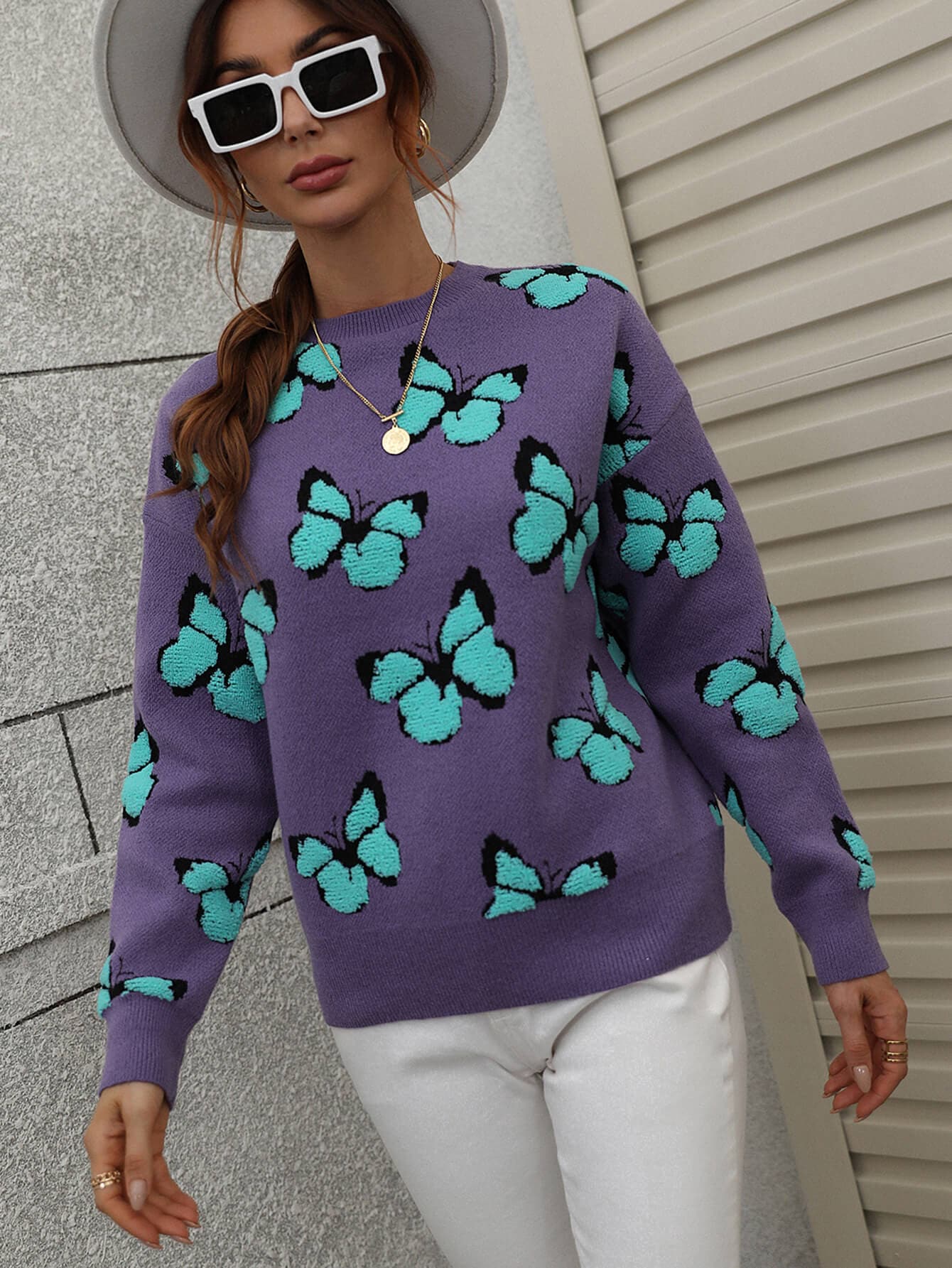 Butterfly Dropped Shoulder Crewneck Sweater - Love culture store