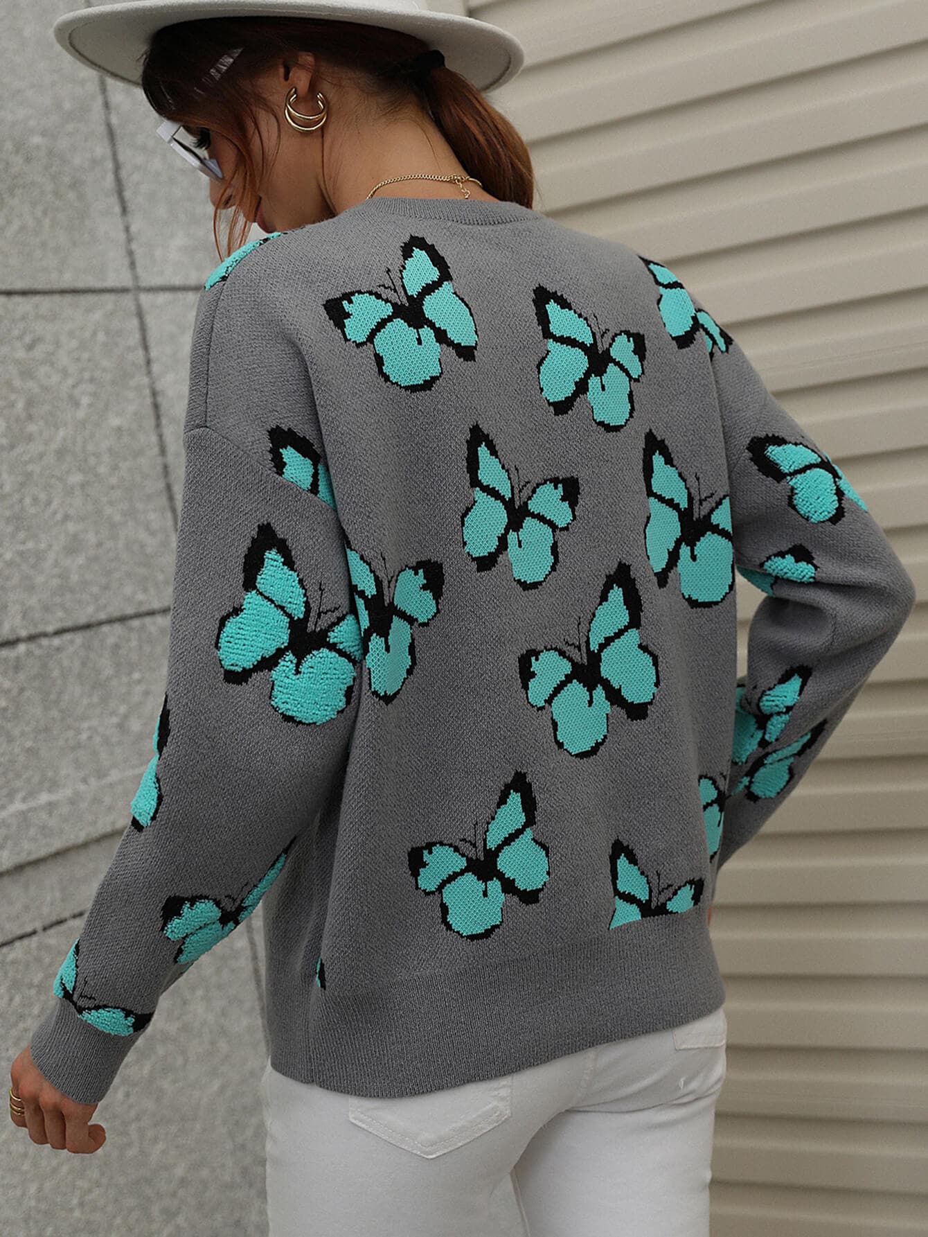 Butterfly Dropped Shoulder Crewneck Sweater - Love culture store