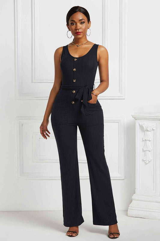 Button Detail Tie Waist Jumpsuit with Pockets - Love culture store
