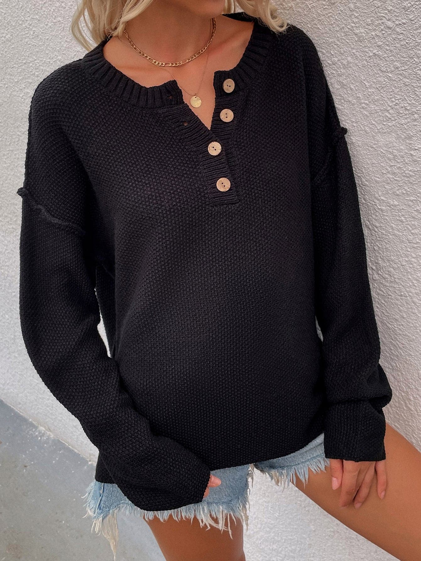 Buttoned Exposed Seam High-Low Sweater - Love culture store