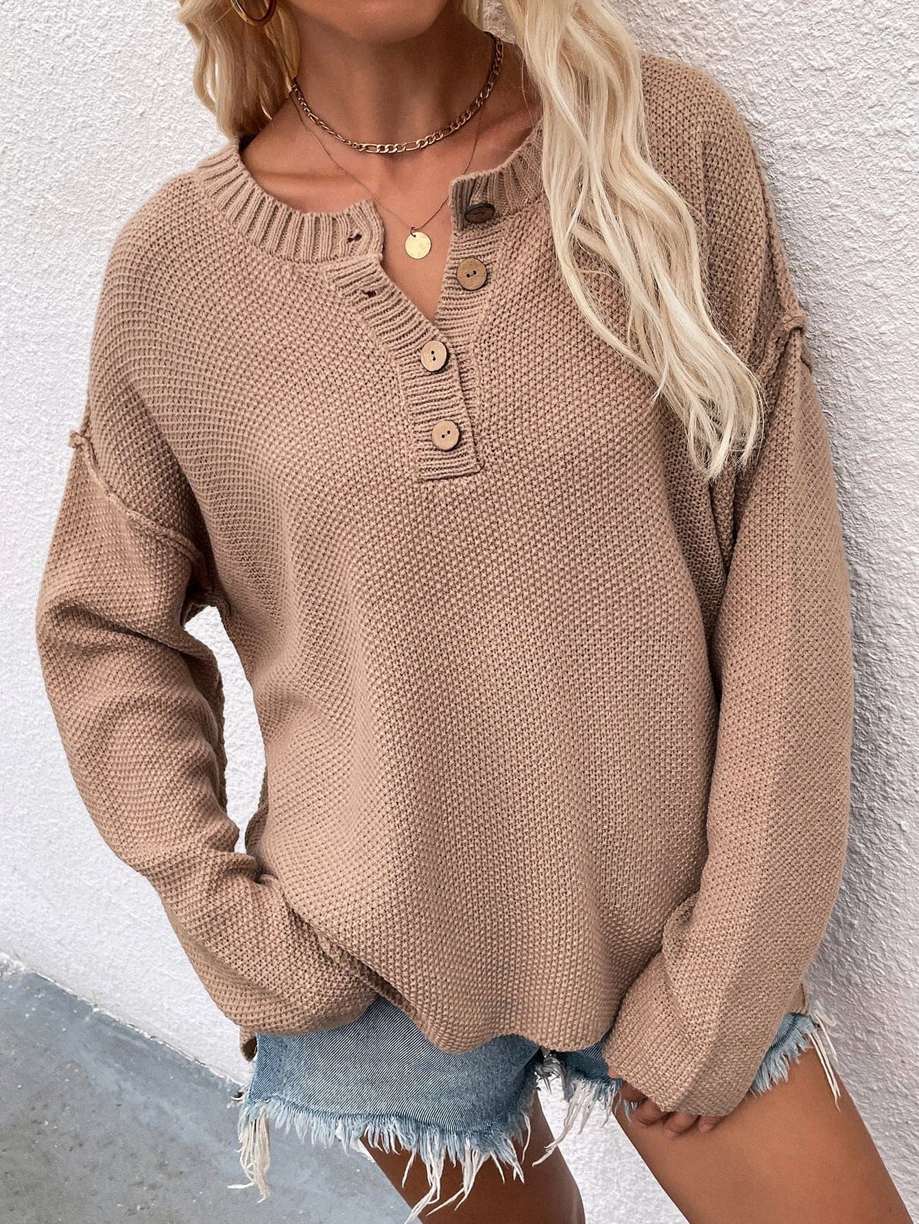 Buttoned Exposed Seam High-Low Sweater - Love culture store