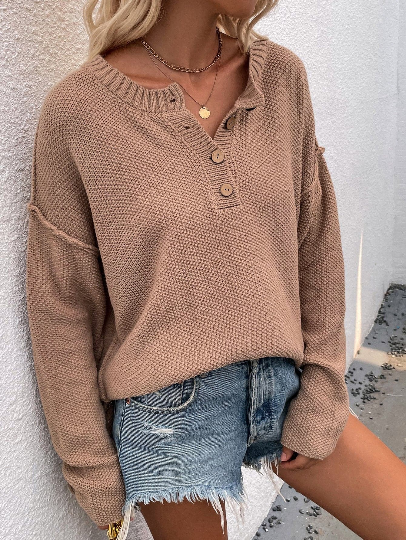 Buttoned Exposed Seam High-Low Sweater - Love culture store