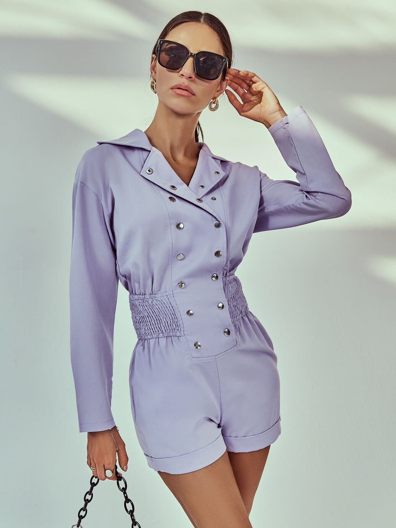 Buttoned Lapel Collar Smocked Romper - Love culture store