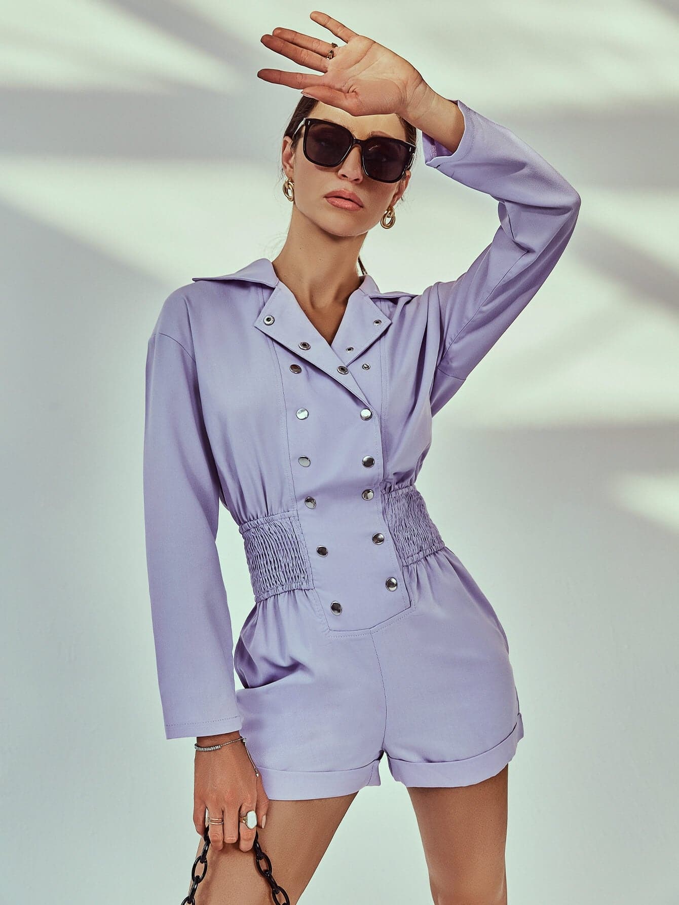 Buttoned Lapel Collar Smocked Romper - Love culture store