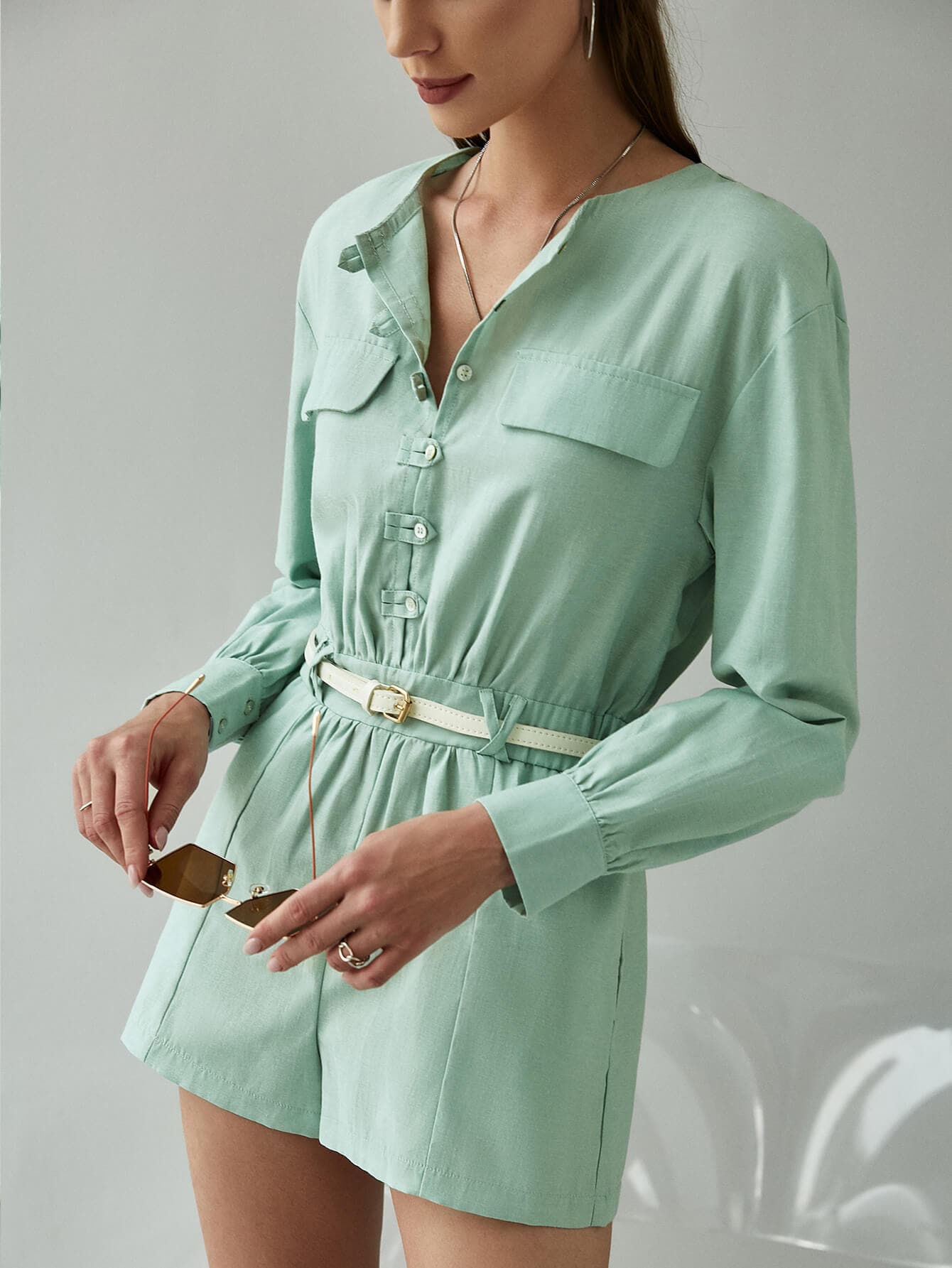Buttoned Round Neck Romper with Pockets - Love culture store