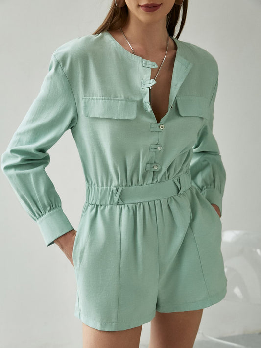 Buttoned Round Neck Romper with Pockets - Love culture store
